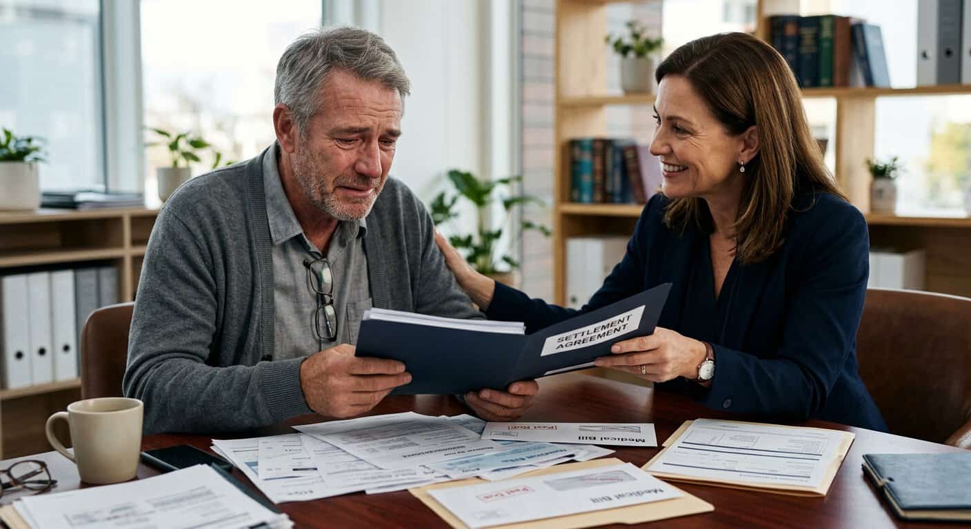 גבר מבוגר ונרגש מקבל מסמך הסדר פשרה מעורכת דין המנחמת אותו, בסביבת משרד ועל שולחן עמוס בחשבונות רפואיים.