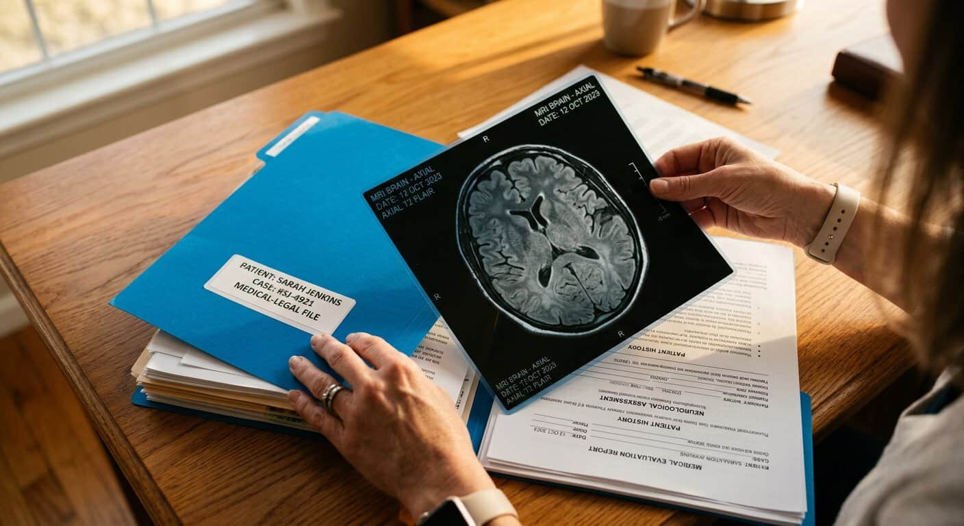 ידיים מחזיקות סריקת MRI של מוח מעל תיק רפואי-משפטי פתוח הכולל דוחות הערכה רפואית ונוירולוגית